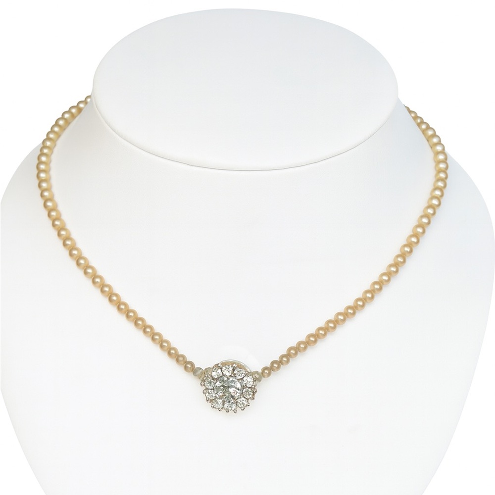 Vintage Pearl Beads and Rhinestone Pendant Necklace 17”
